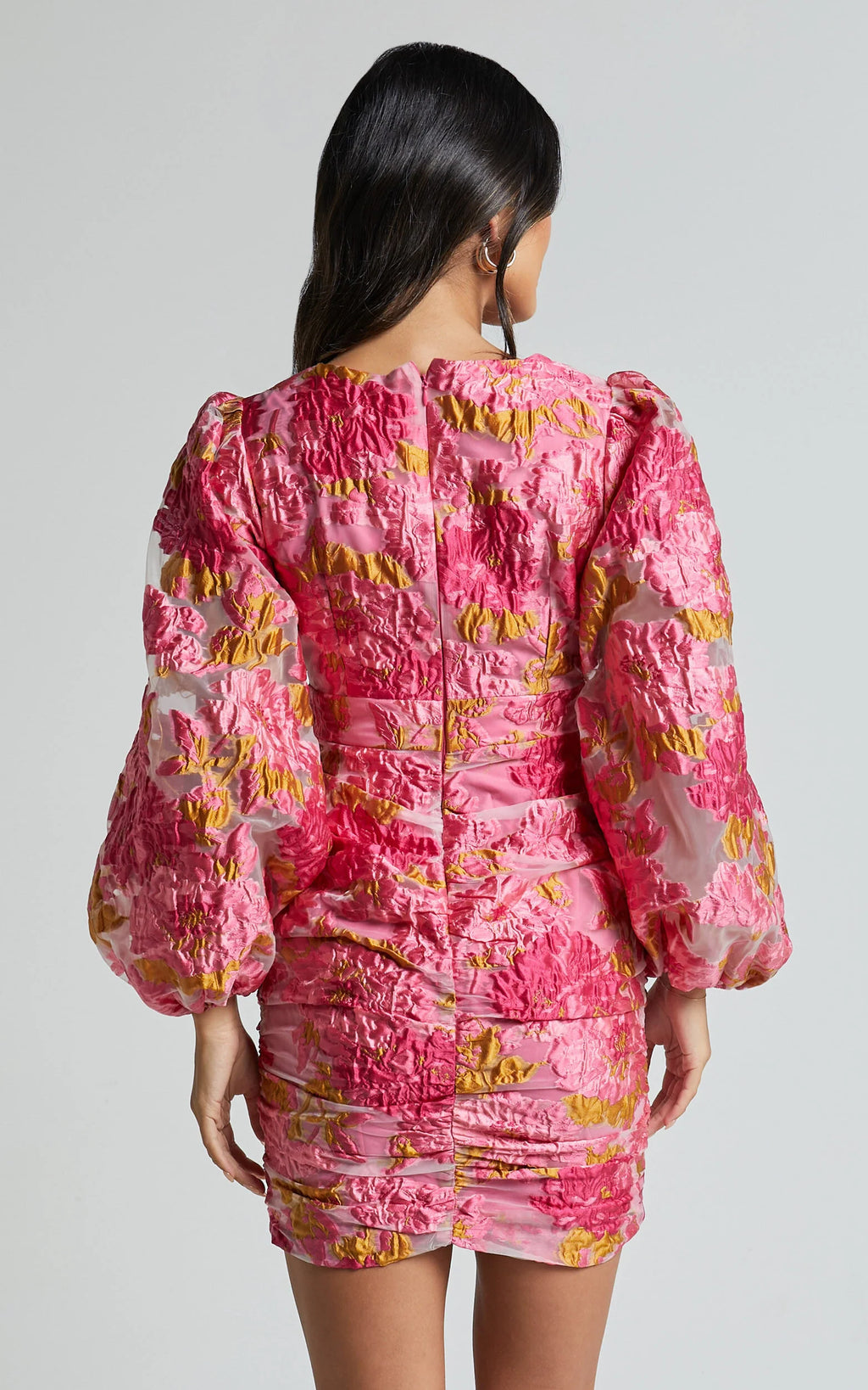 Farrah Mini Dress - Plunge Neck Long Sleeve Bodycon Dress in Pink