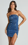 Erline Mini Dress - Asymmetric Strapless Denim Dress in Dark Blue Wash