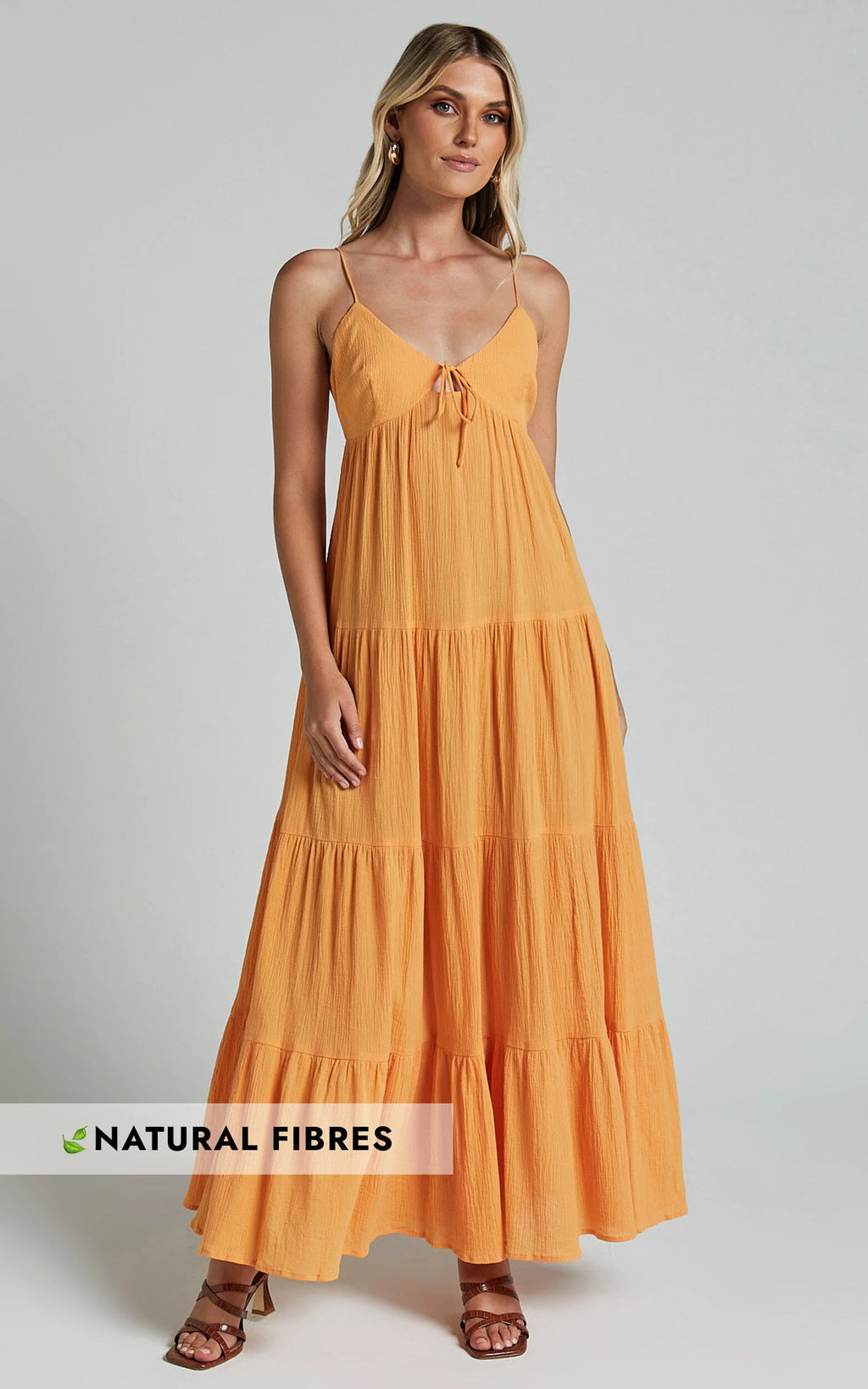 Chila Maxi Dress - Strappy Tie Front Low Back Tiered in Papaya Orange