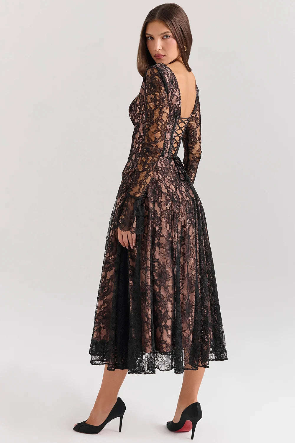 Black Lace Corset Midi Dress