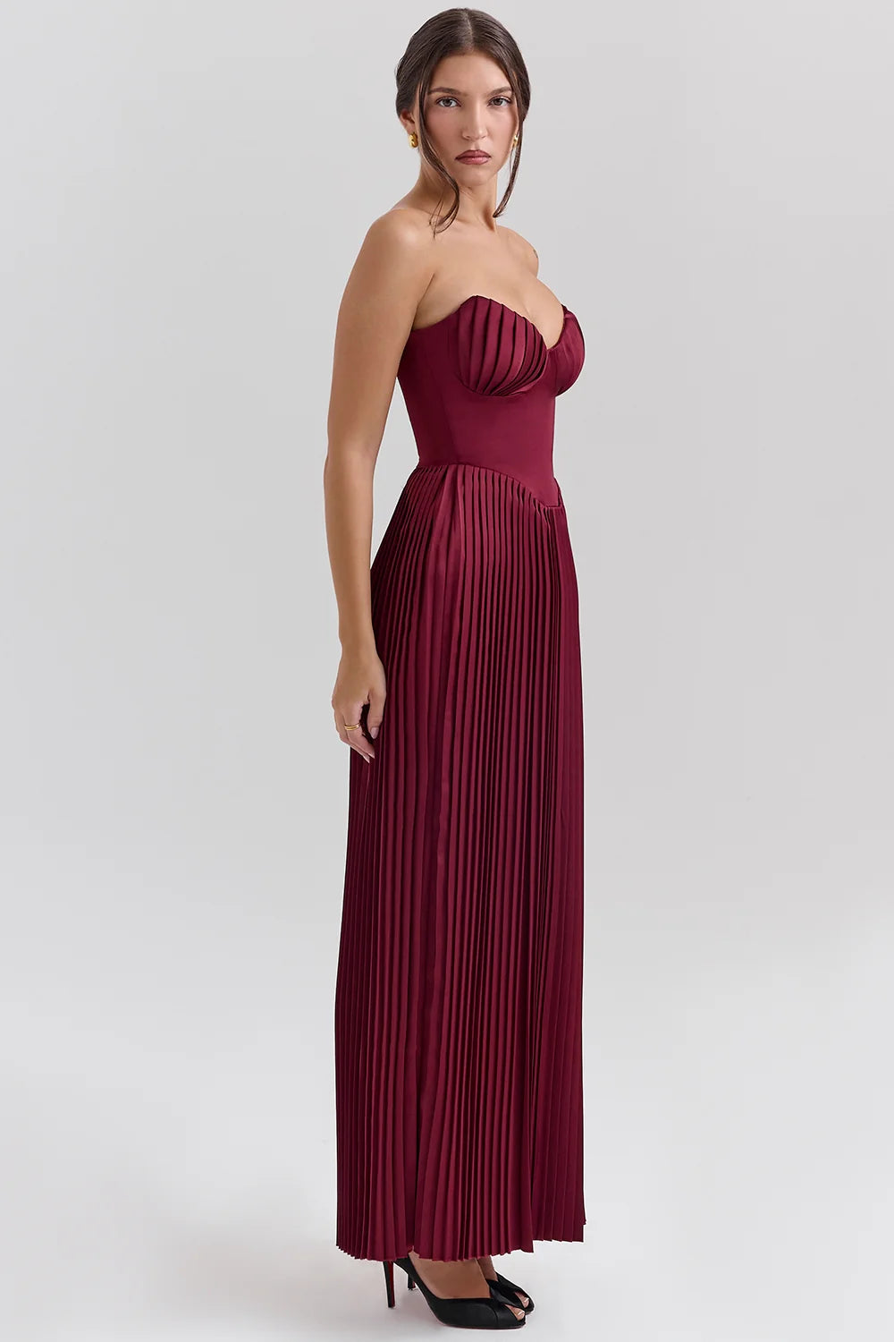 Berry Pleated Georgette Maxi Dress