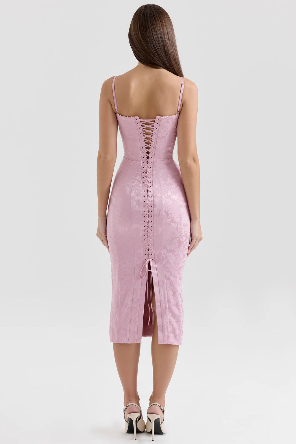 Pink Jacquard Lace Up Bodycon Midi Dress