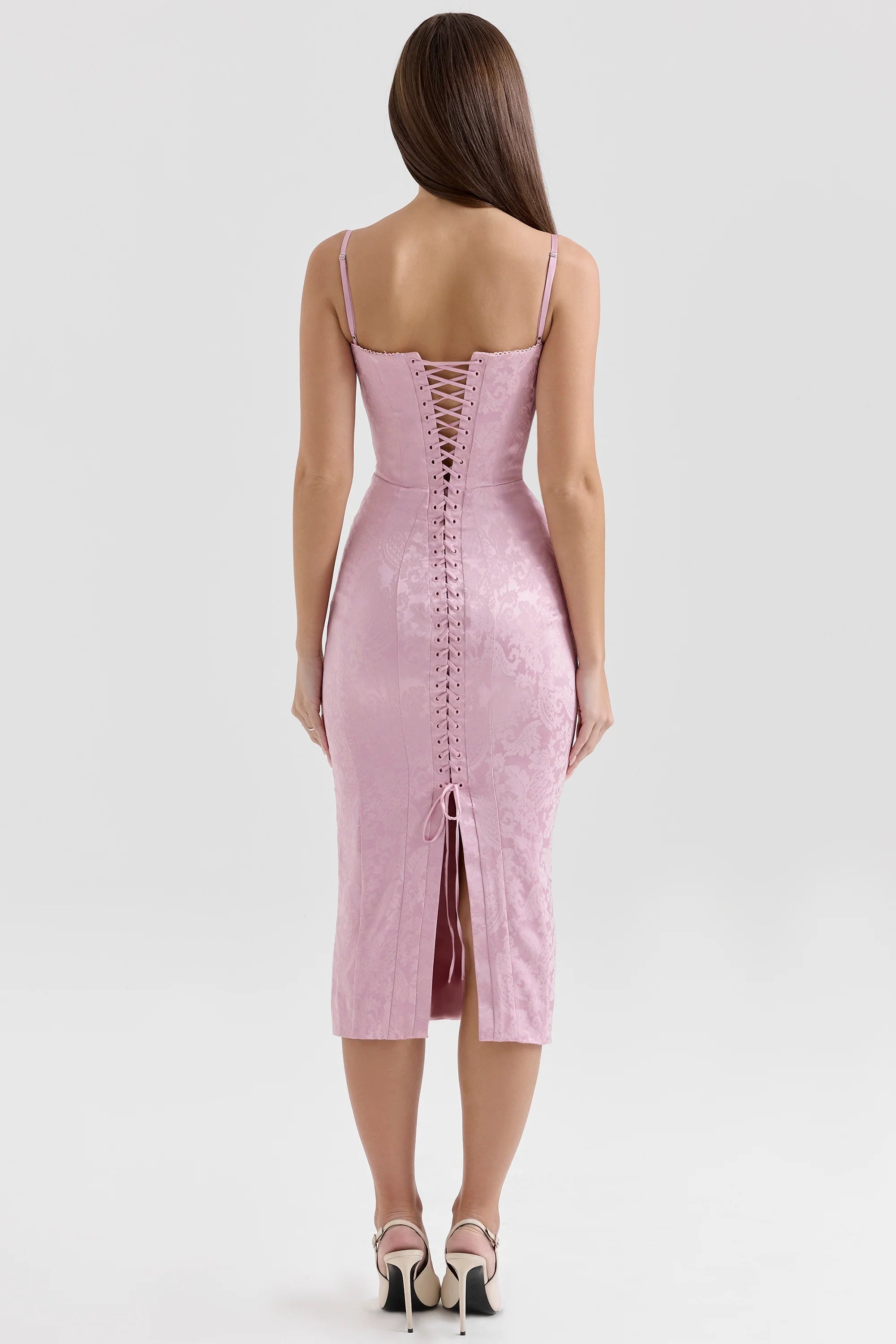 Pink Jacquard Lace Up Bodycon Midi Dress