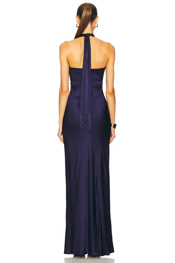 La Lune Ruched Halter Maxi Dress