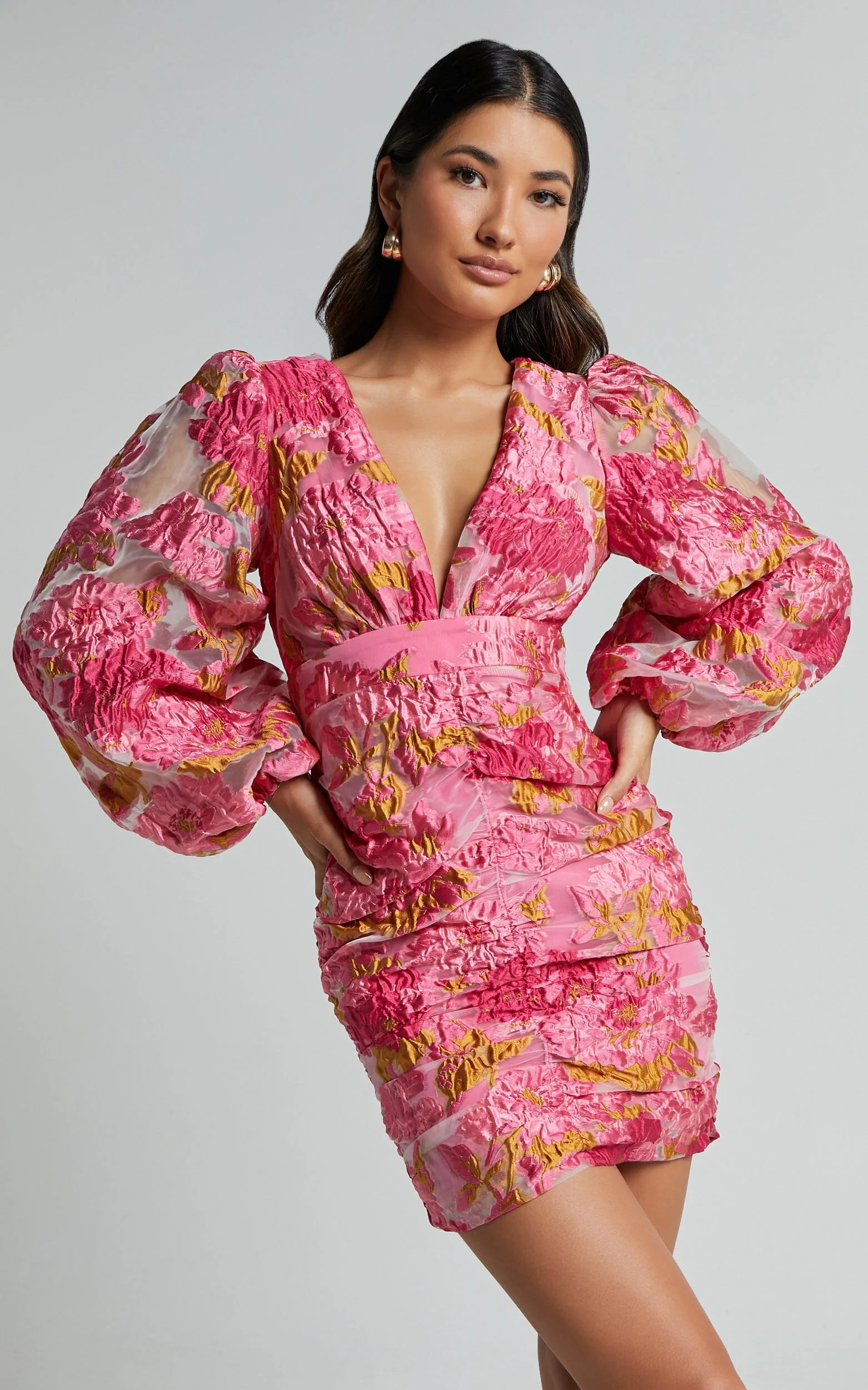 Farrah Mini Dress - Plunge Neck Long Sleeve Bodycon Dress in Pink