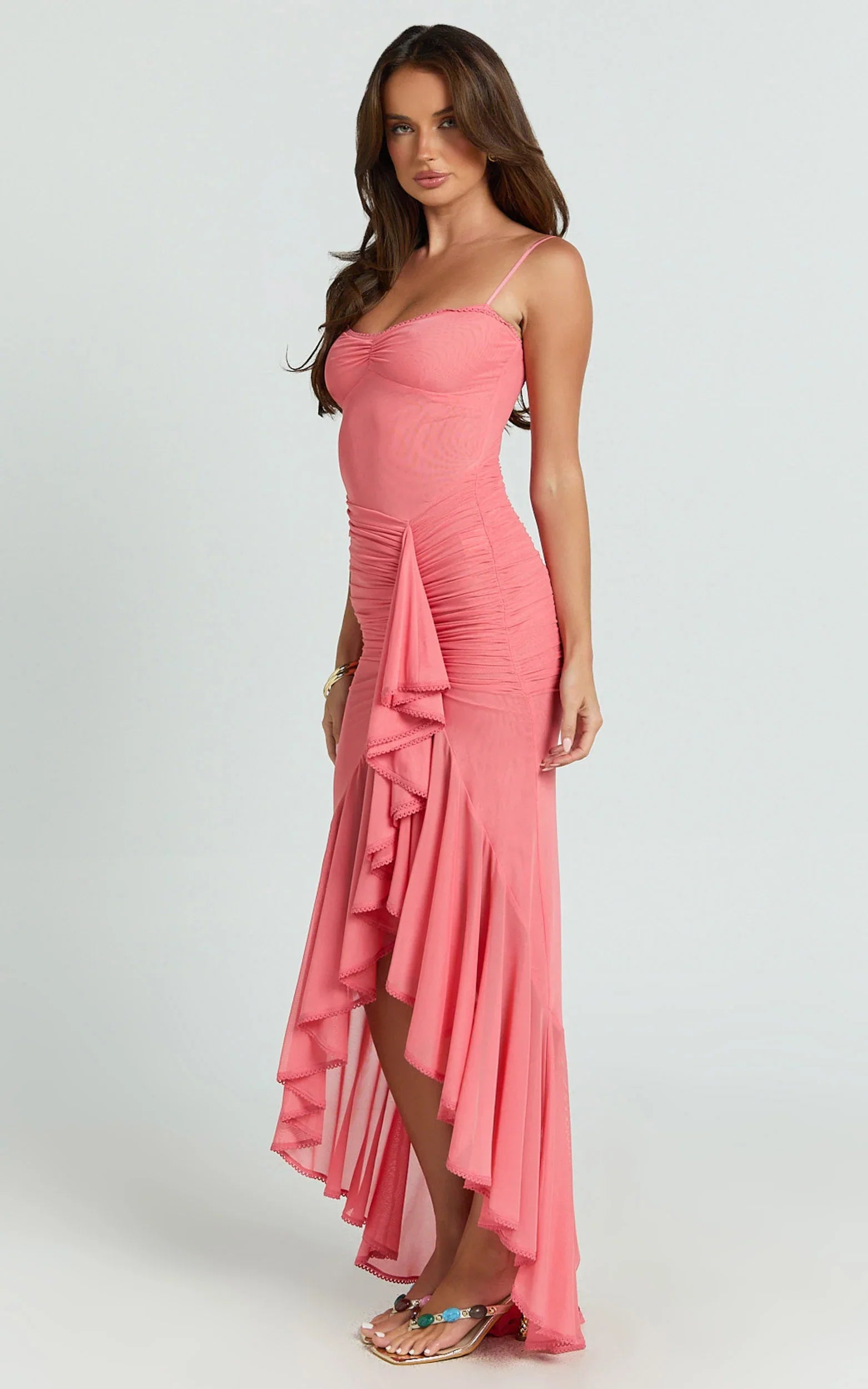 Brionna Midi Dress - Lace Neck Ruched Ruffle Hem Dress in Strawberry