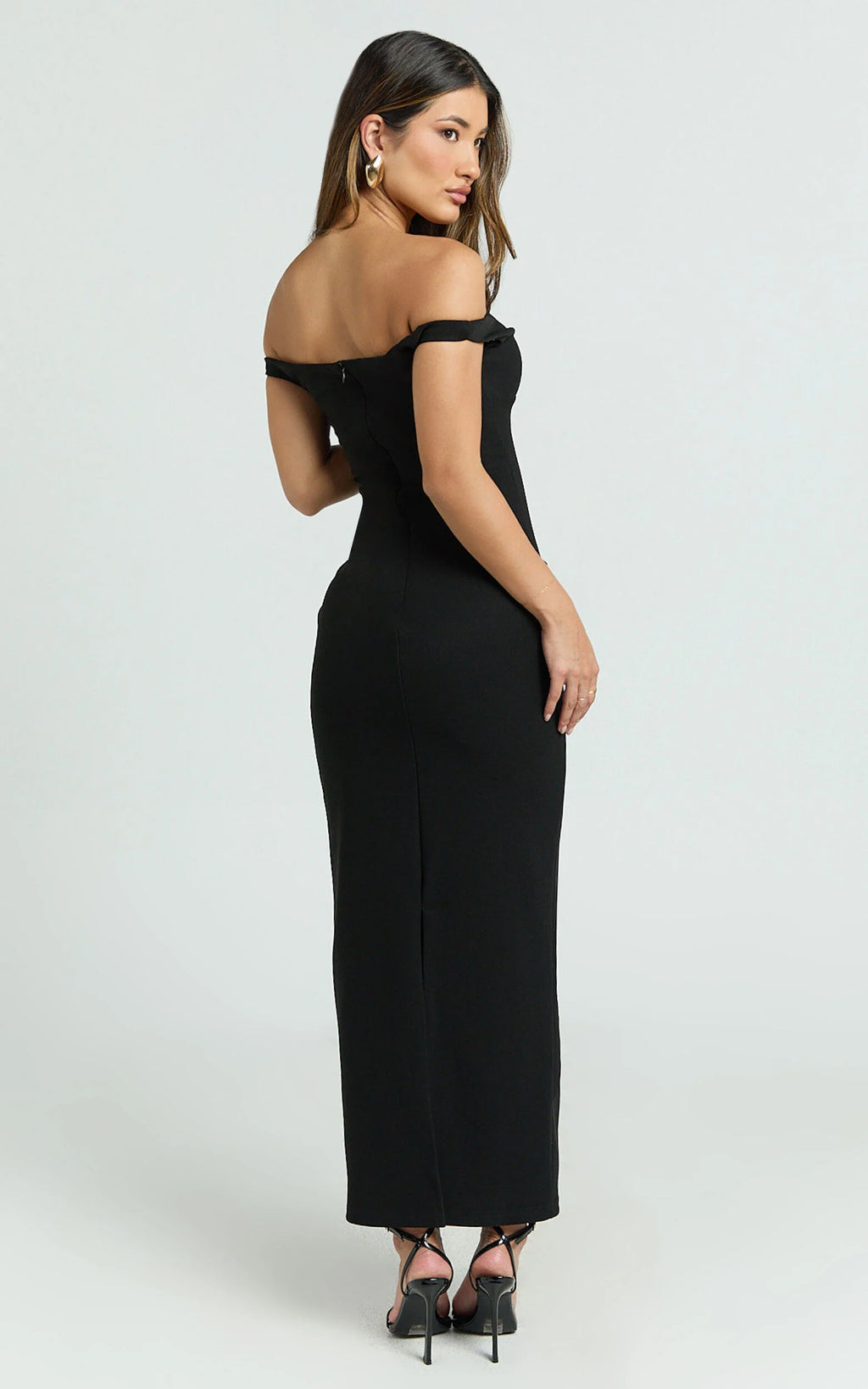 Vinnie Midi Dress - Off Shoulder Bustier Side Tuck Fitted Dress in Black