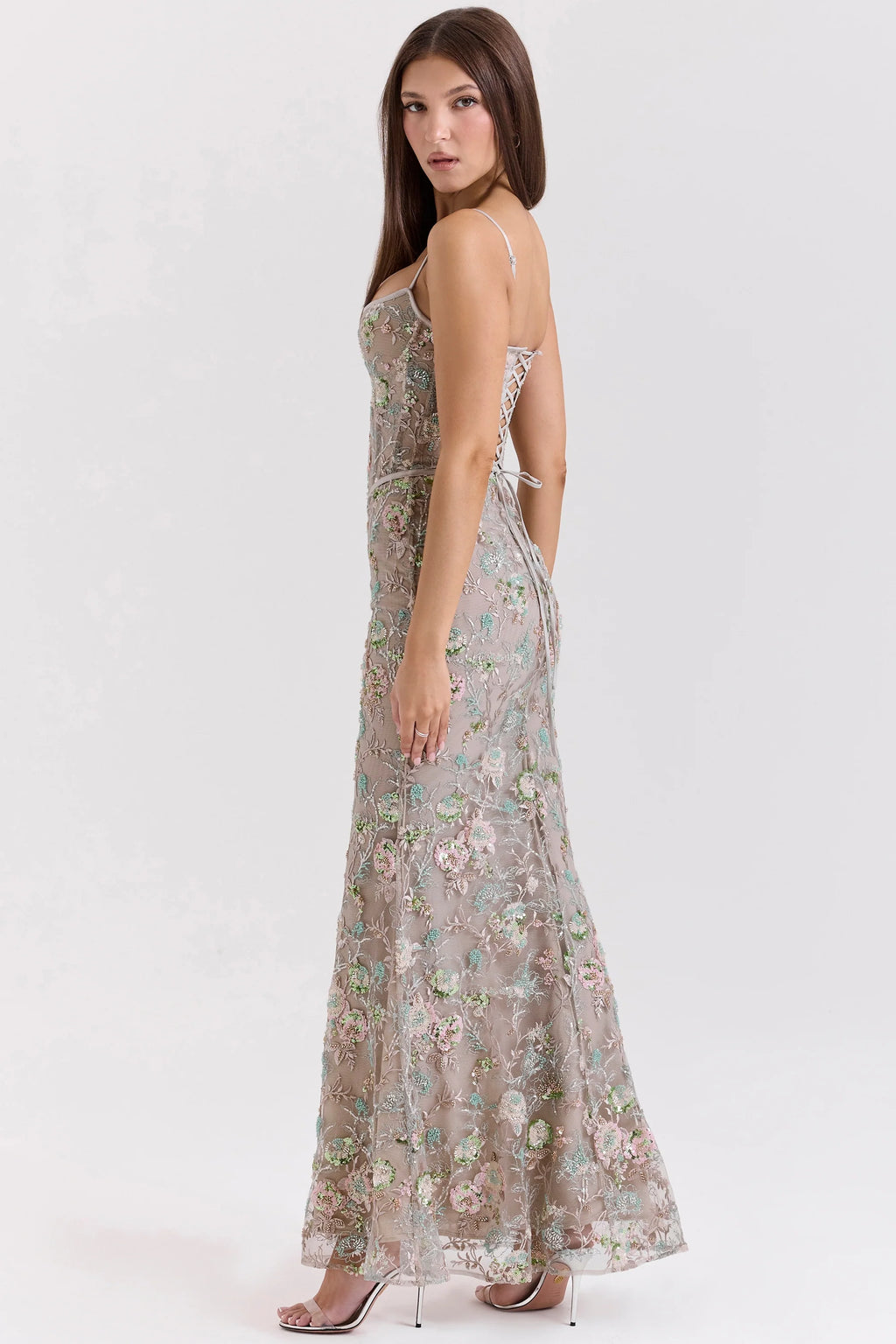Silver Embellished Beaded Corset Maxi Dress