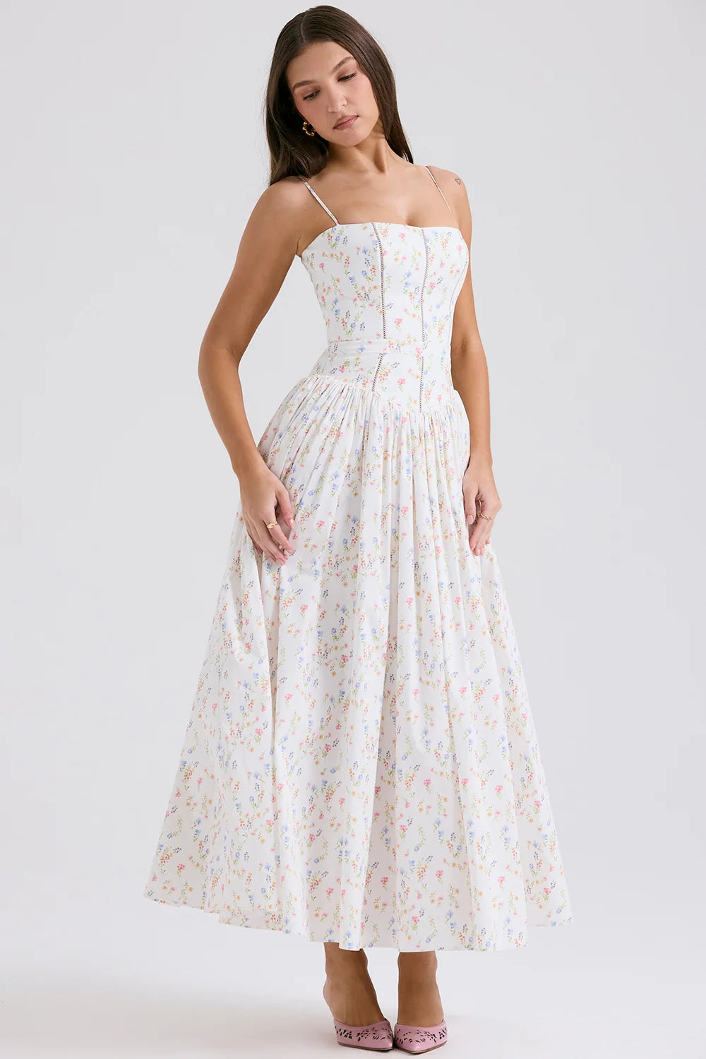 White Posy Print Cotton Maxi Sundress