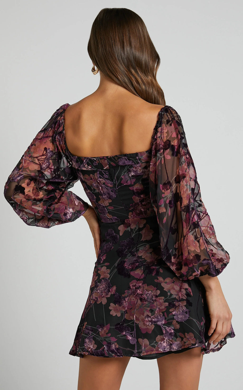 Jessell Mini Dress - Long Sleeve Cowl Corset Dress in Burnt Out Floral