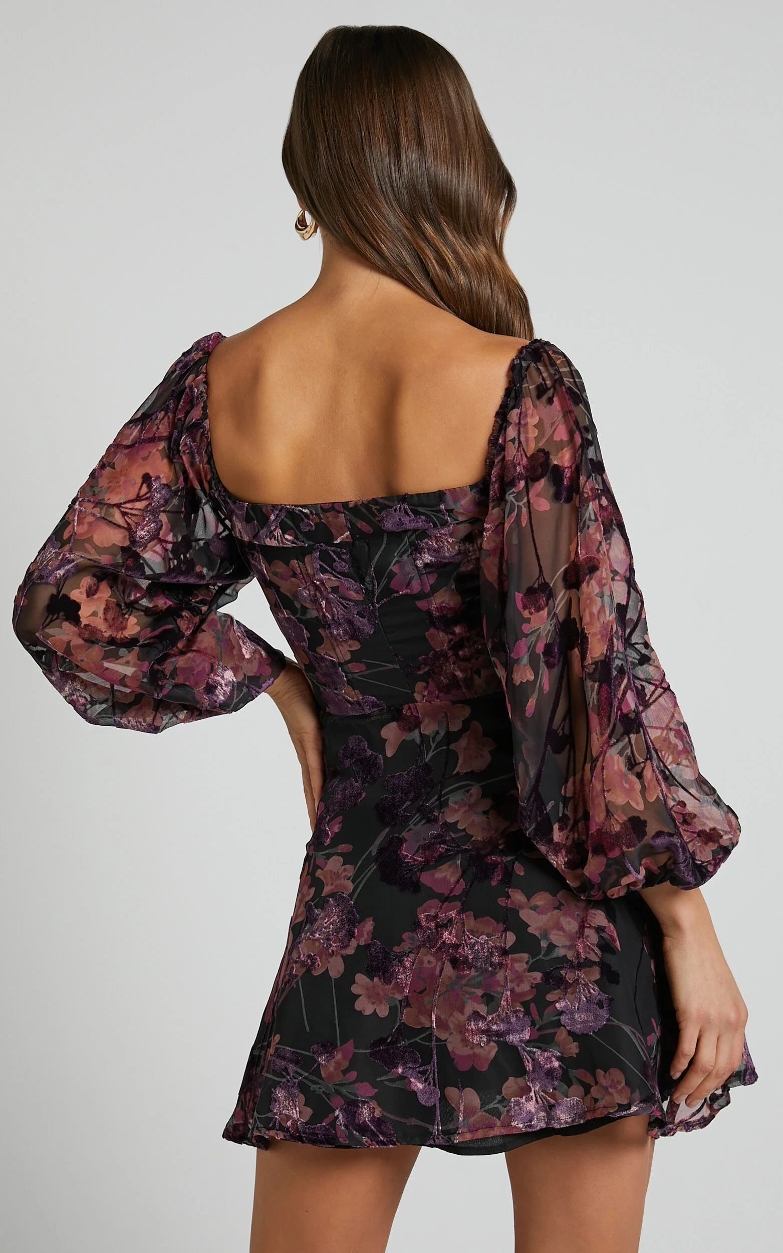 Jessell Mini Dress - Long Sleeve Cowl Corset Dress in Burnt Out Floral