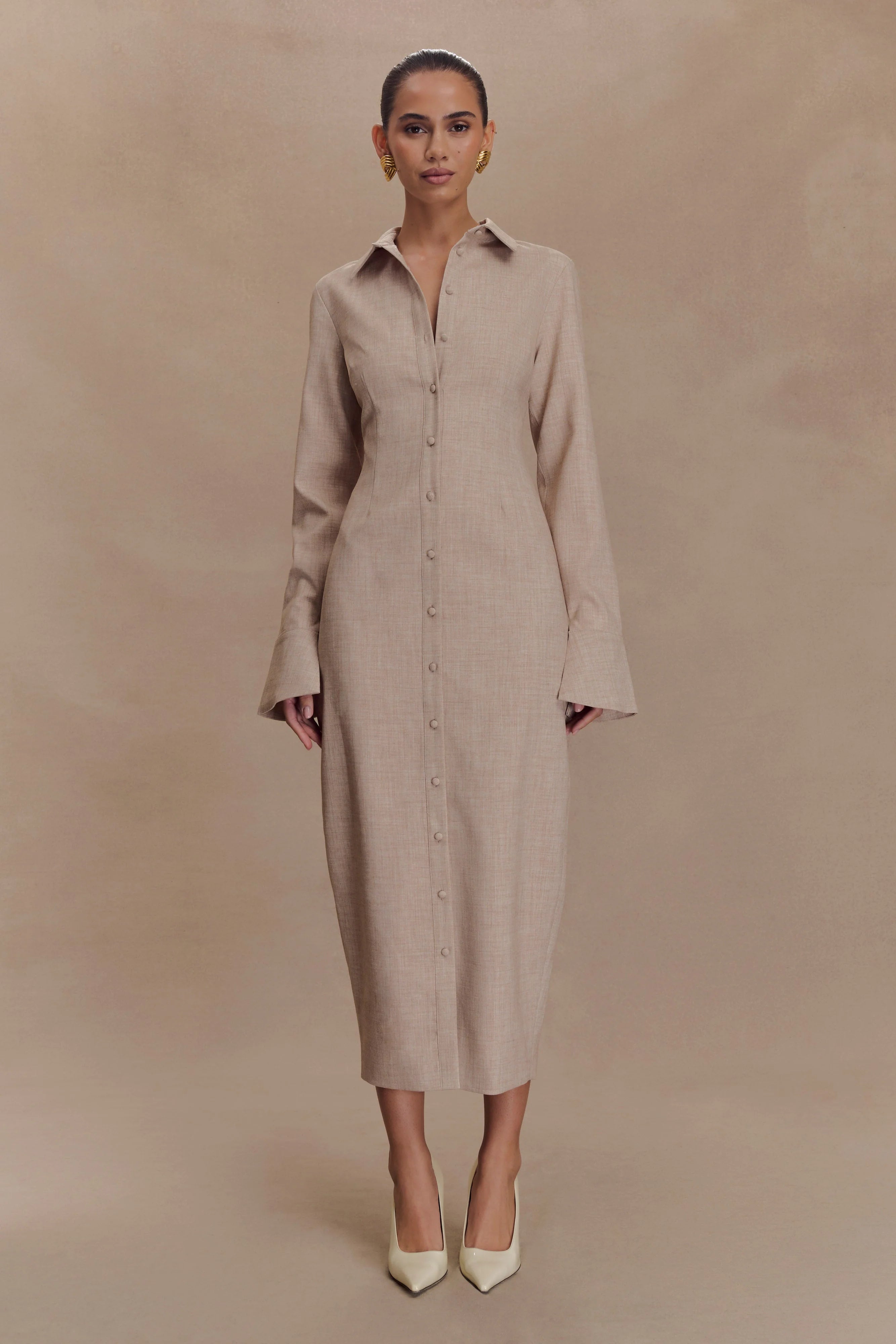 Dorian Fitted Shirt Midi Dress - Wheat Marle
