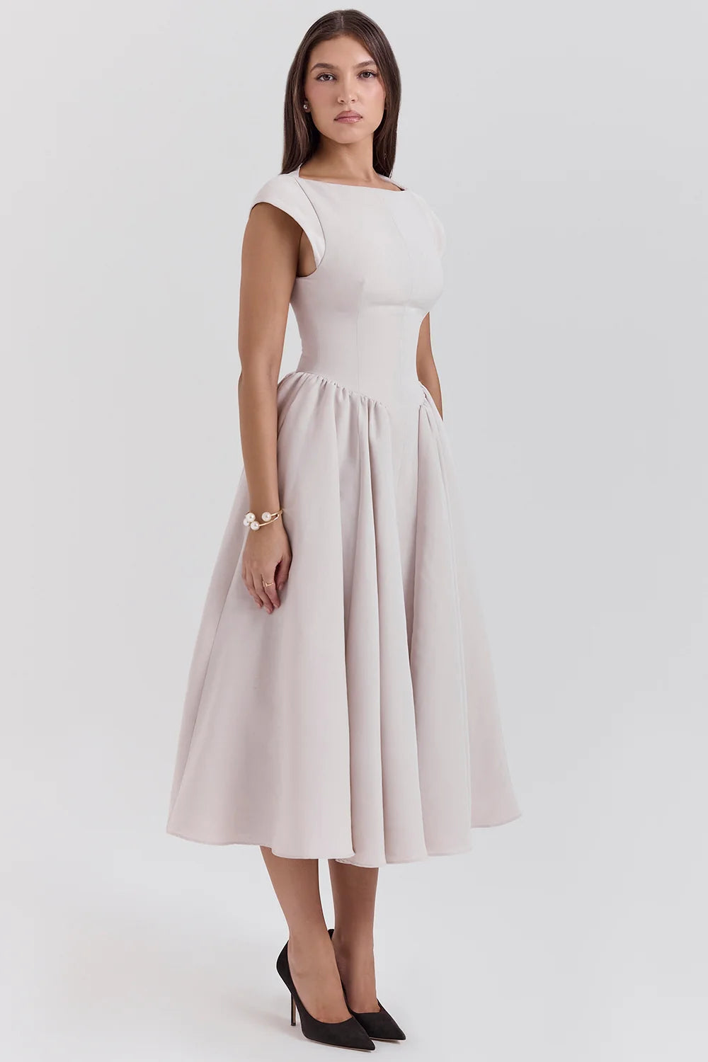 French Dove Moire Satin Backless Midi Dress