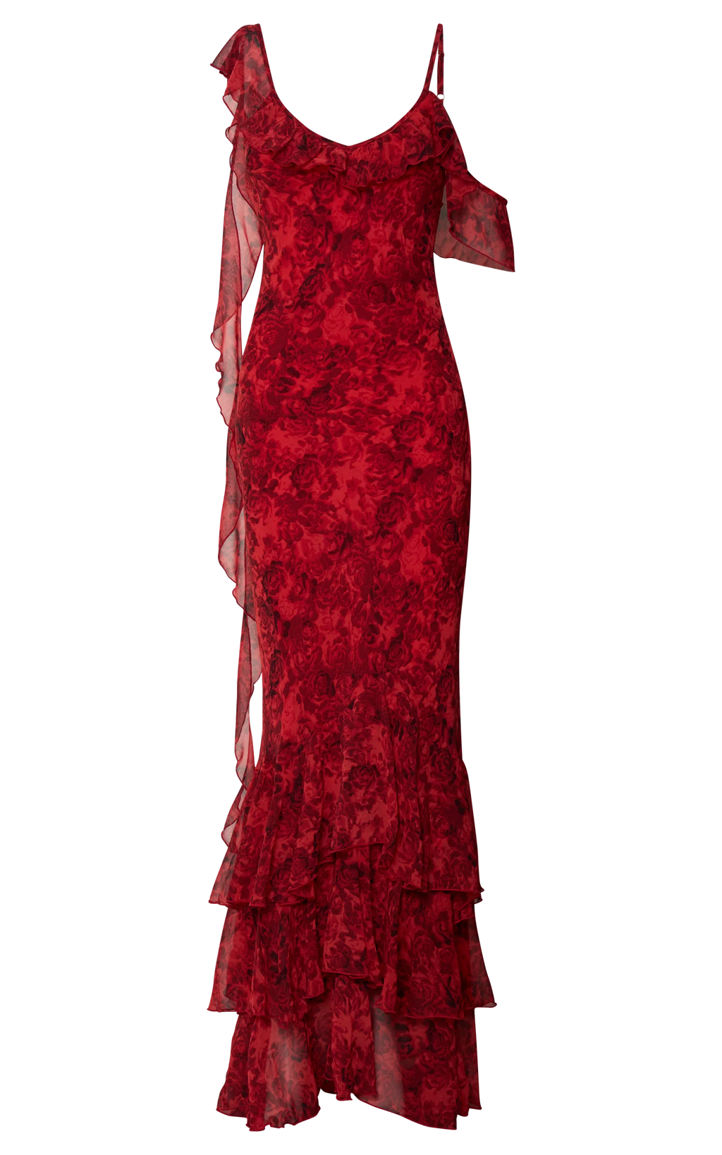 Riley Maxi Dress - Asymmetric Ruffle Detail Maxi Dress in Red Rose Print