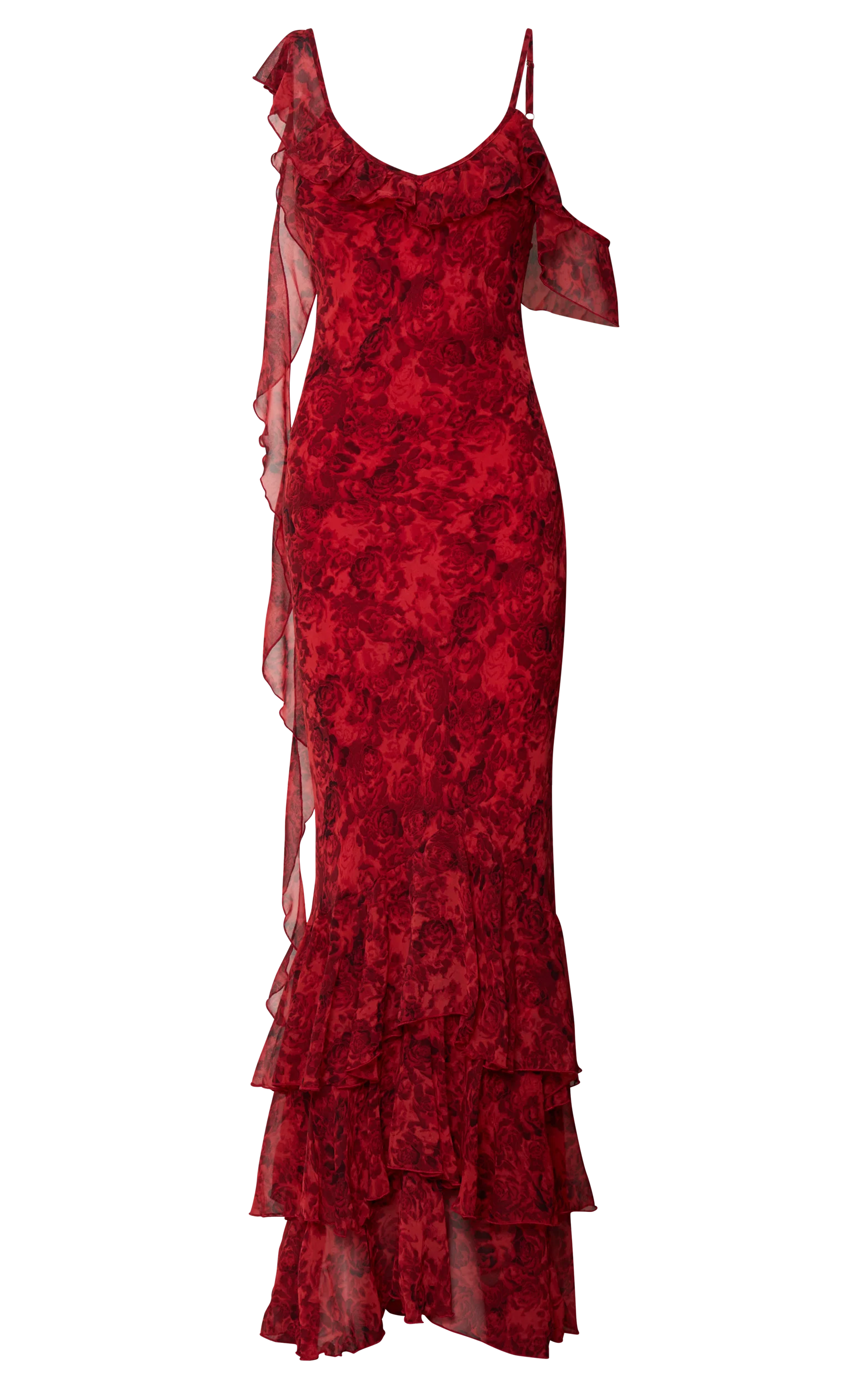 Riley Maxi Dress - Asymmetric Ruffle Detail Maxi Dress in Red Rose Print