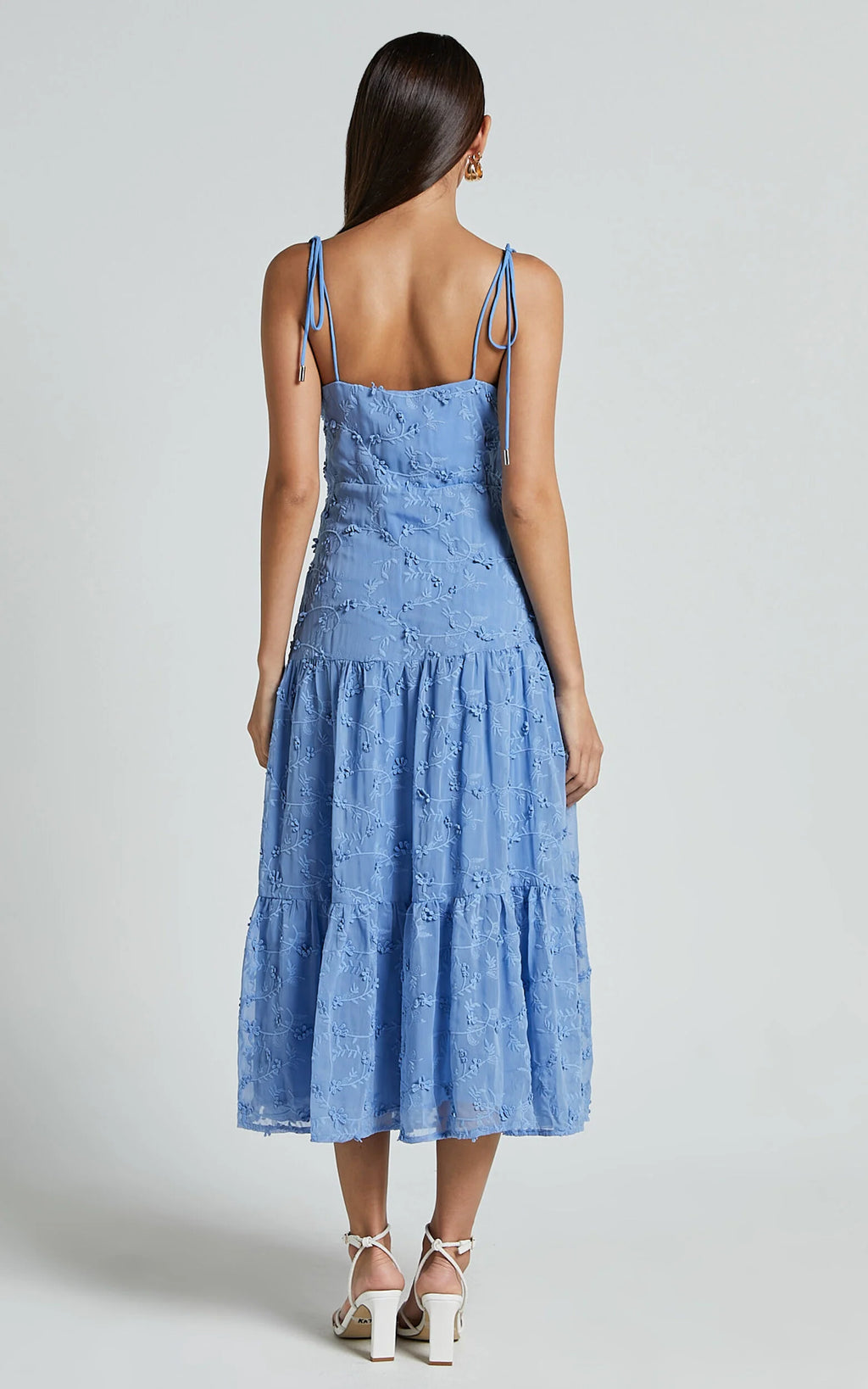 Francesca Midi Dress - Tie Shoulder Tiered Embroided Dress in Cornflower Blue