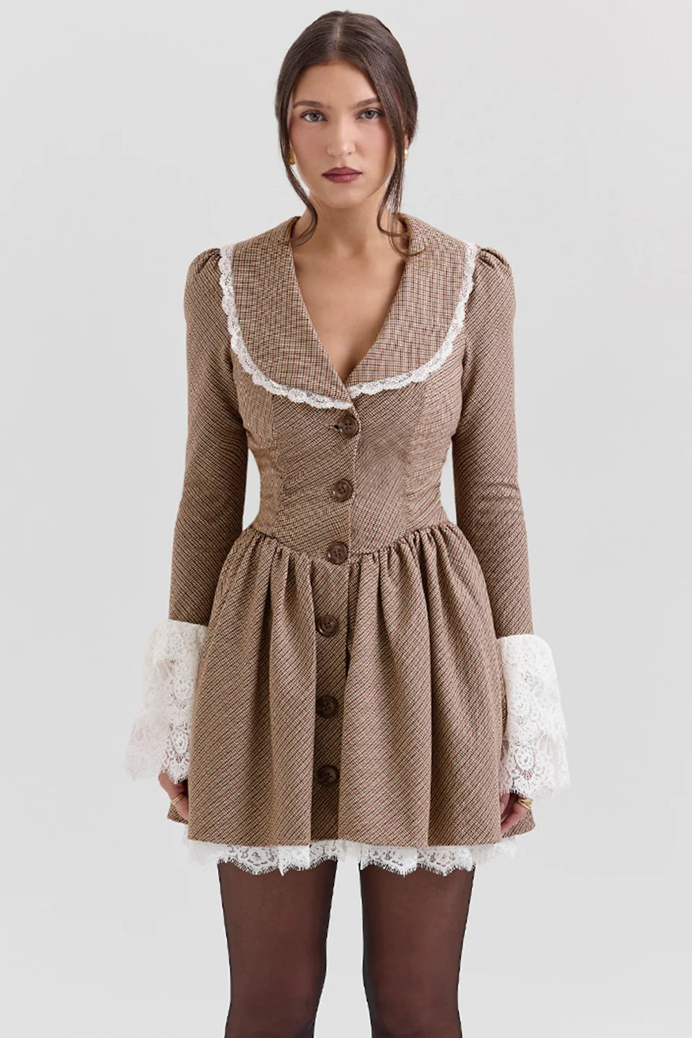 Brown Puppytooth Check Mini Dress