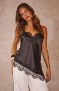 Ziva Black Satin Lace Trim Asymmetrical Top