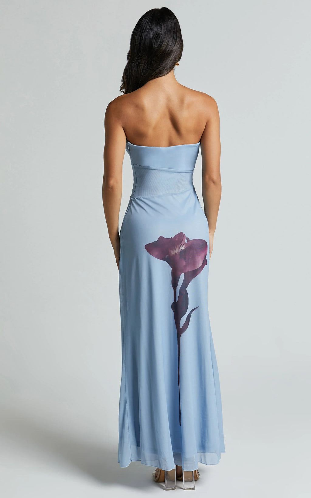 Adali Midi Dress - Strapless Mesh Midi Dress in Blue Floral