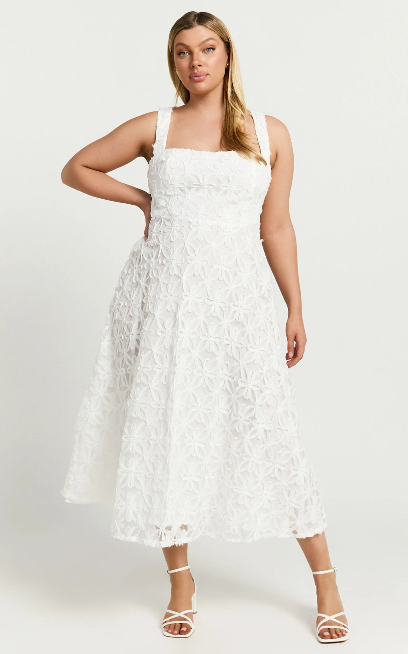 Clarissa Midi Dress - Square Neck Open Back A Line Dress in White