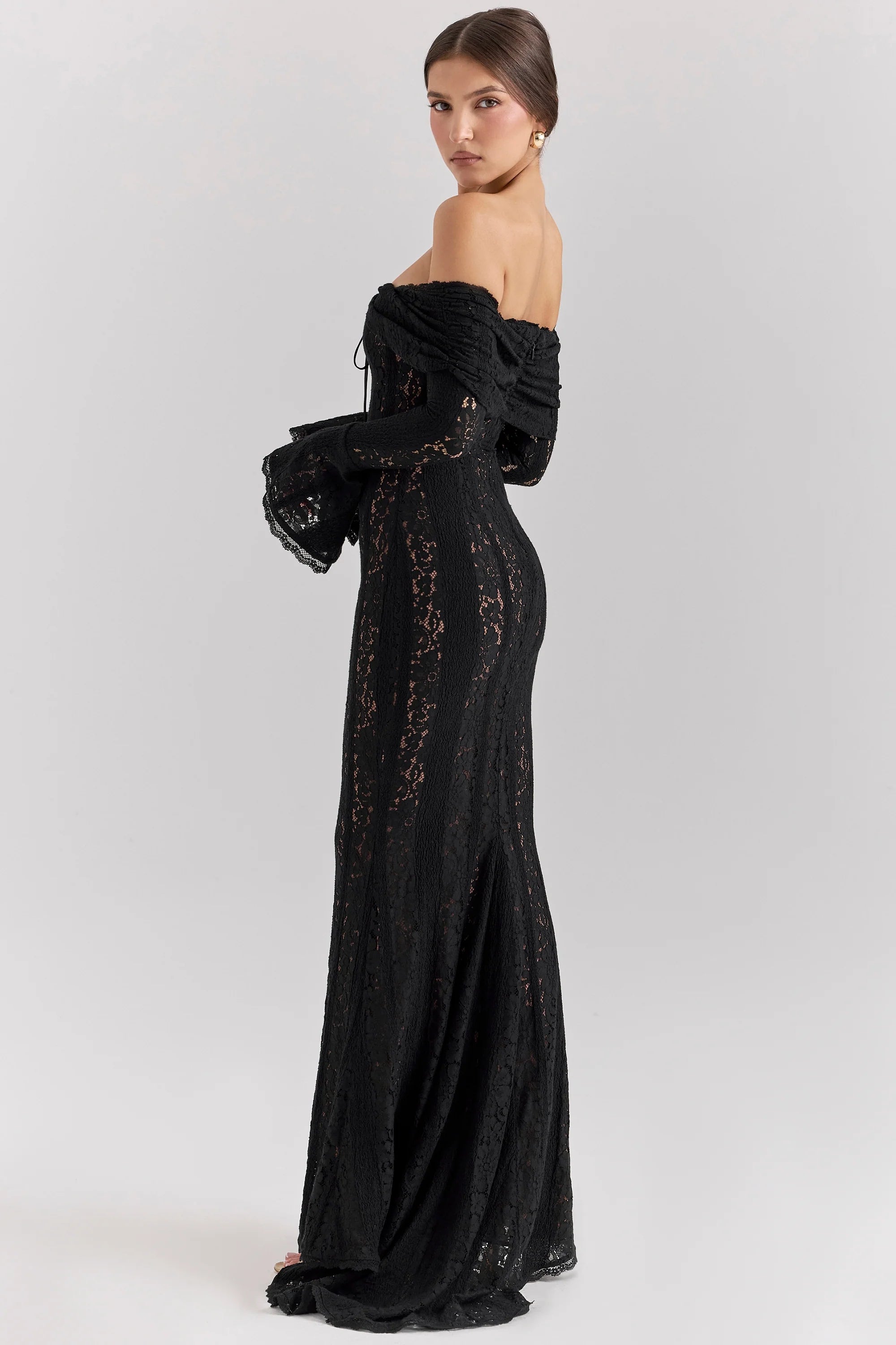 Black Off Shoulder Floral Lace Maxi Dress