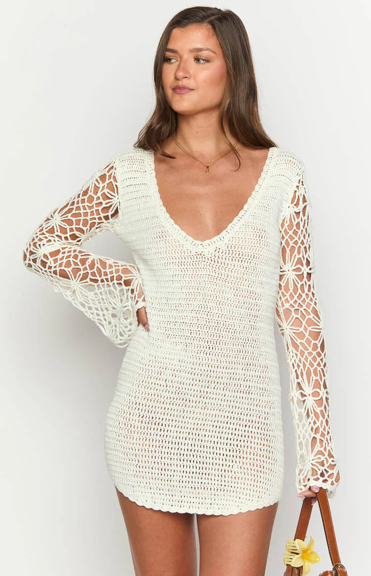Amlee White Crochet Long Sleeve Mini Dress