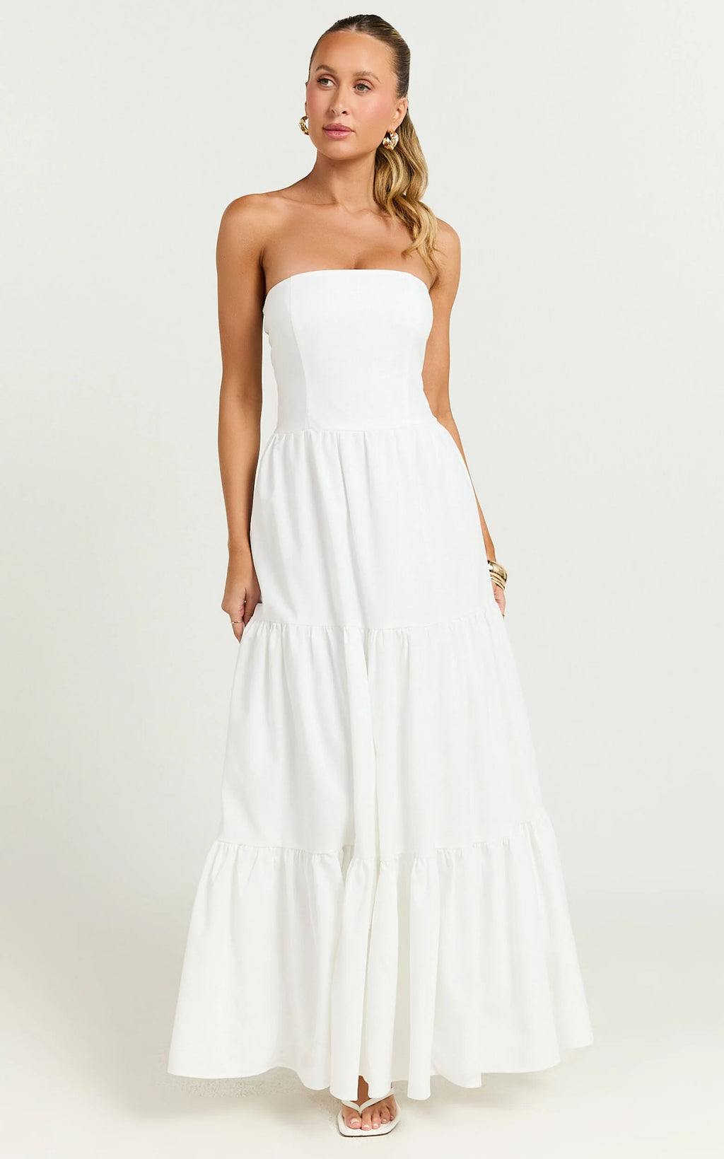 Trish Maxi Dress - Strapless Tiered Dress in White