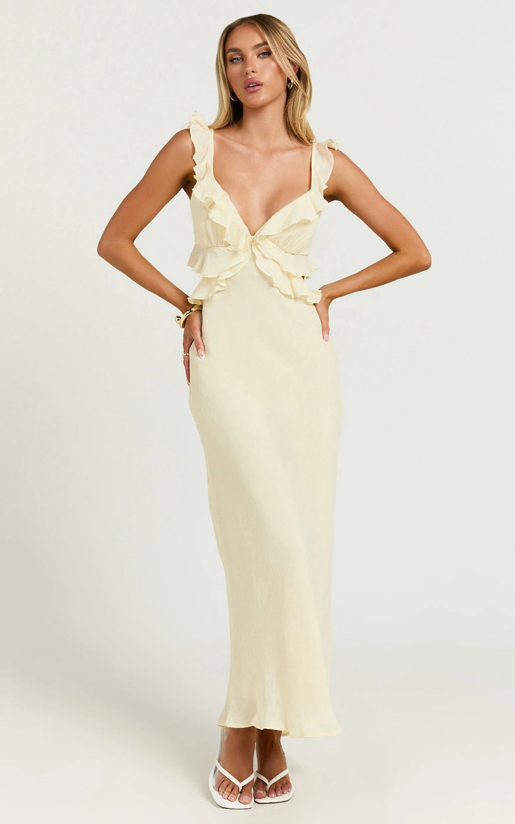 Dahlia Midi Dress - Ruffle Details Slip Dress in Lemon