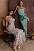 Silver Embellished Beaded Corset Maxi Dress