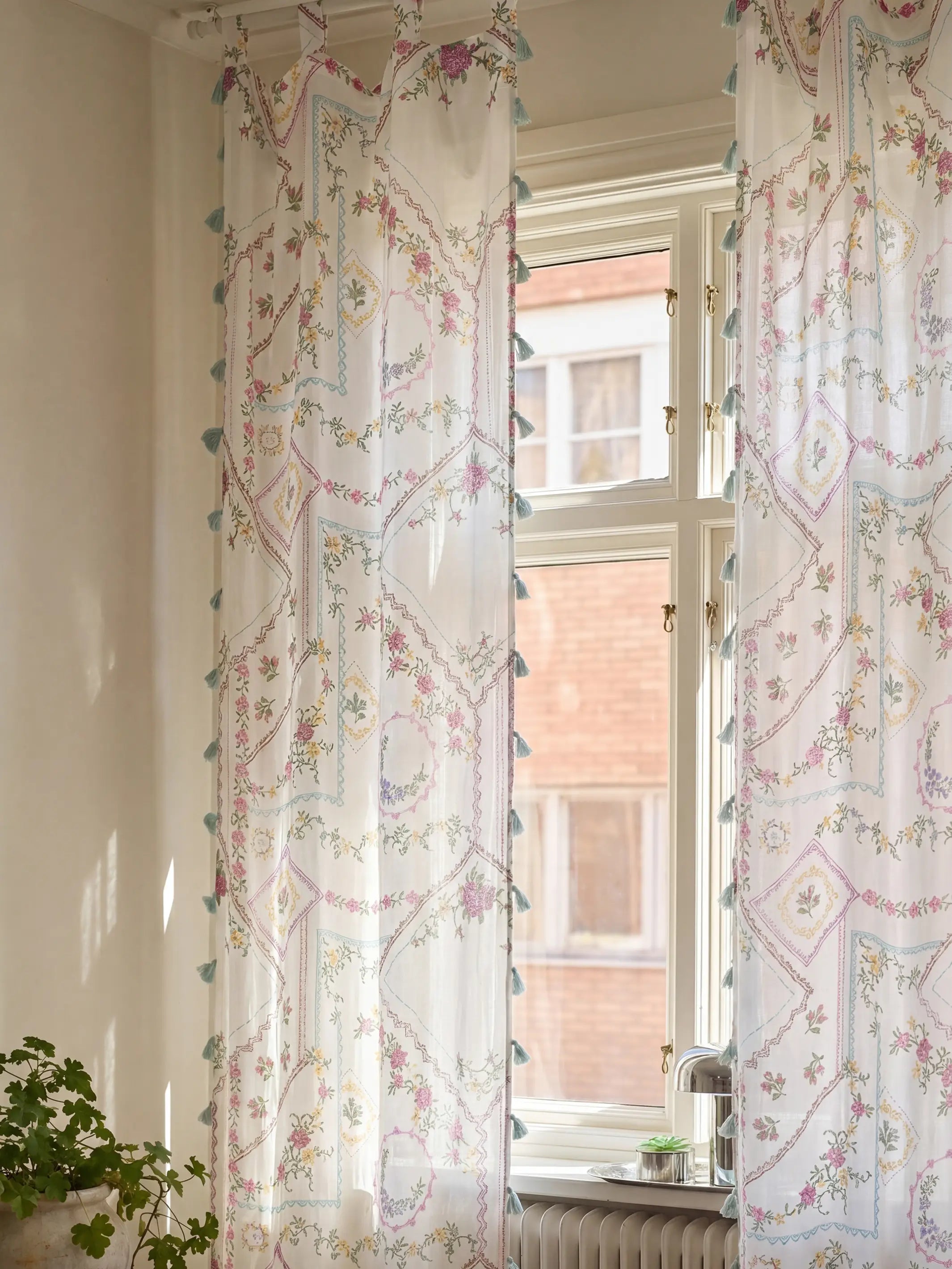Printed Curtain Panel - Heirloom Cross Stitch Ivory